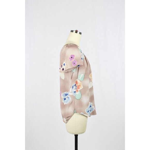 REBECCA TAYLOR Mauve Floral Print Silk Crepe V-Neck Blouse Top, Size 0 - Picture 2 of 11